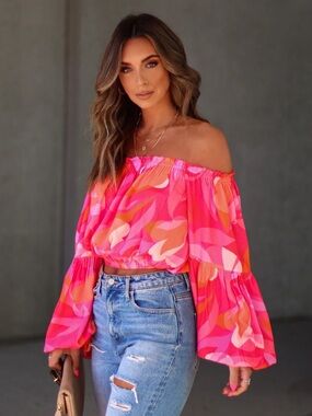 VICI Tropical Spring Printed Off The Shoulder Top in Fuchsia Size Med NWT